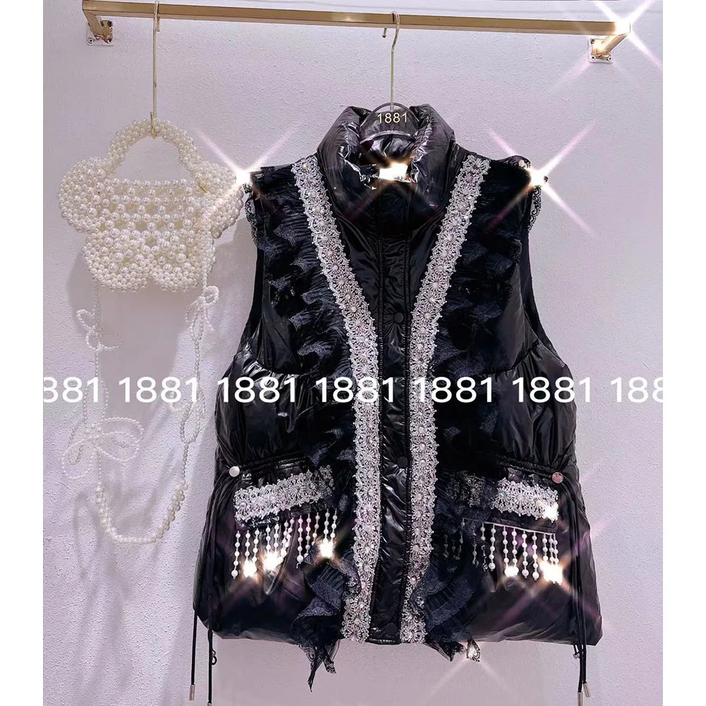 Down Cotton Vest Coat Women's 2022 Winter New Korean Style Sweet Heavy Industry Rhinestone Lace Stitching Warm Vests Fashion