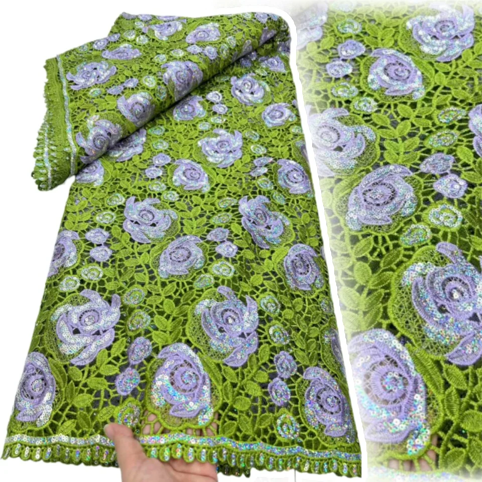 

Mustard Green African Guipure Cord Lace Fabric Sequins Chemical Lace Fabric Water Soluble Lace for Women Evening Dresses CC1474