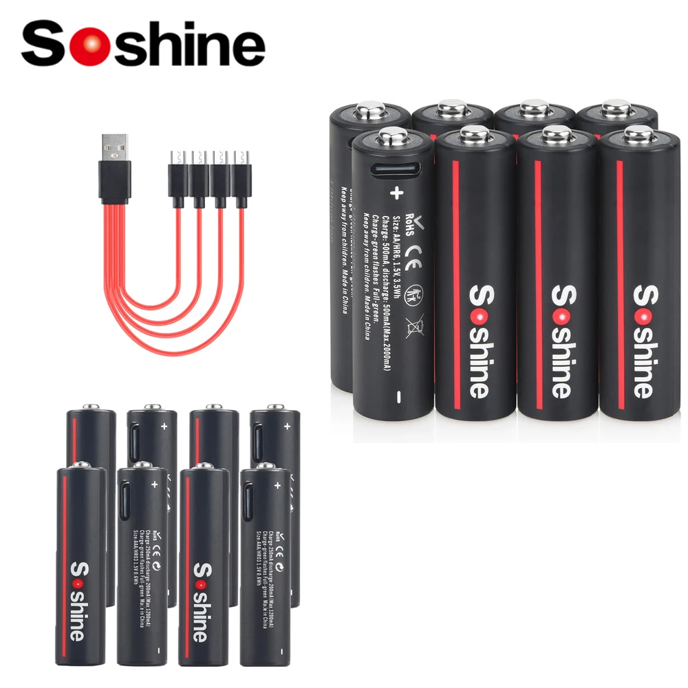 Soshine USB Lithium 3500mWh 1.5V AA Battery and 600mWh 1.5V AAA Rechargeable Batteries Li-ion AA and AAA Rechargeable Batteries