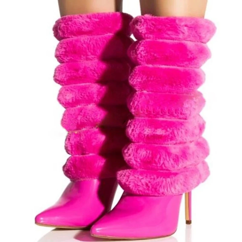 

Fuchsia Circled Fur Knee Boots Stiletto High Heels Hot Pink Fluff Fur Patchwork Slip On Pointed Toe Fashion Runway Woman Boots