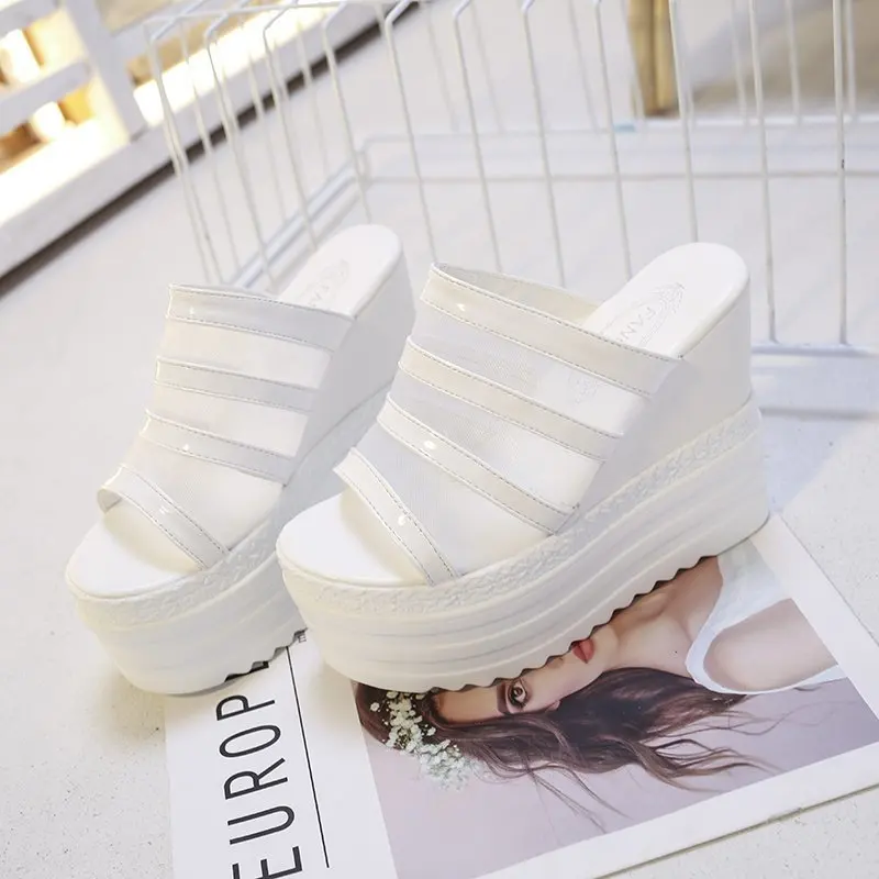 New Women's Sandals Thick Bottom Outside Wear Female Net Yarn Hollow Out High Heels Shoe Fish Mouth Wedge Slippers Ladies Pumps
