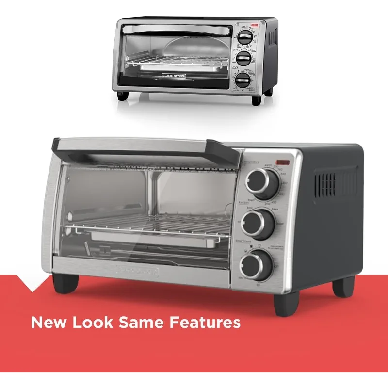 4-slice toaster oven, even toasting, 4 cooking functions (bake, broil, toast and keep warm), removable crumb tray, timer