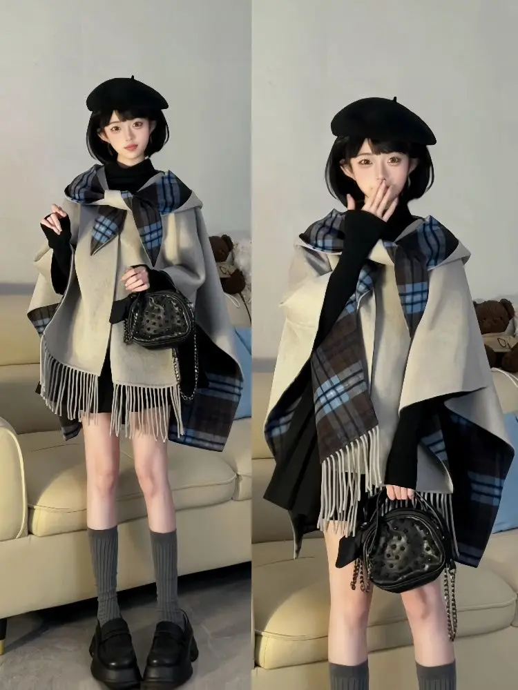 

Korea Winter Chic Warm Wool Coat Women New Hooded Double Faced Retro Overcoat Casual Irregular Vintage Patchwork Clothing