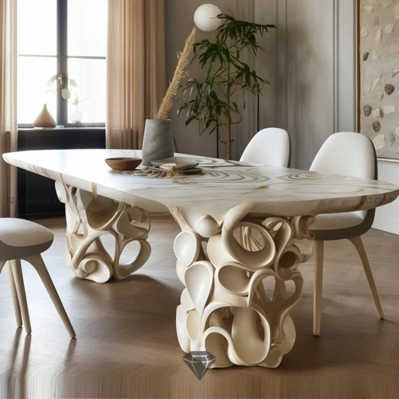 Premium design dining table Cream wooden long dining  8 seats long dining  art creative long personality