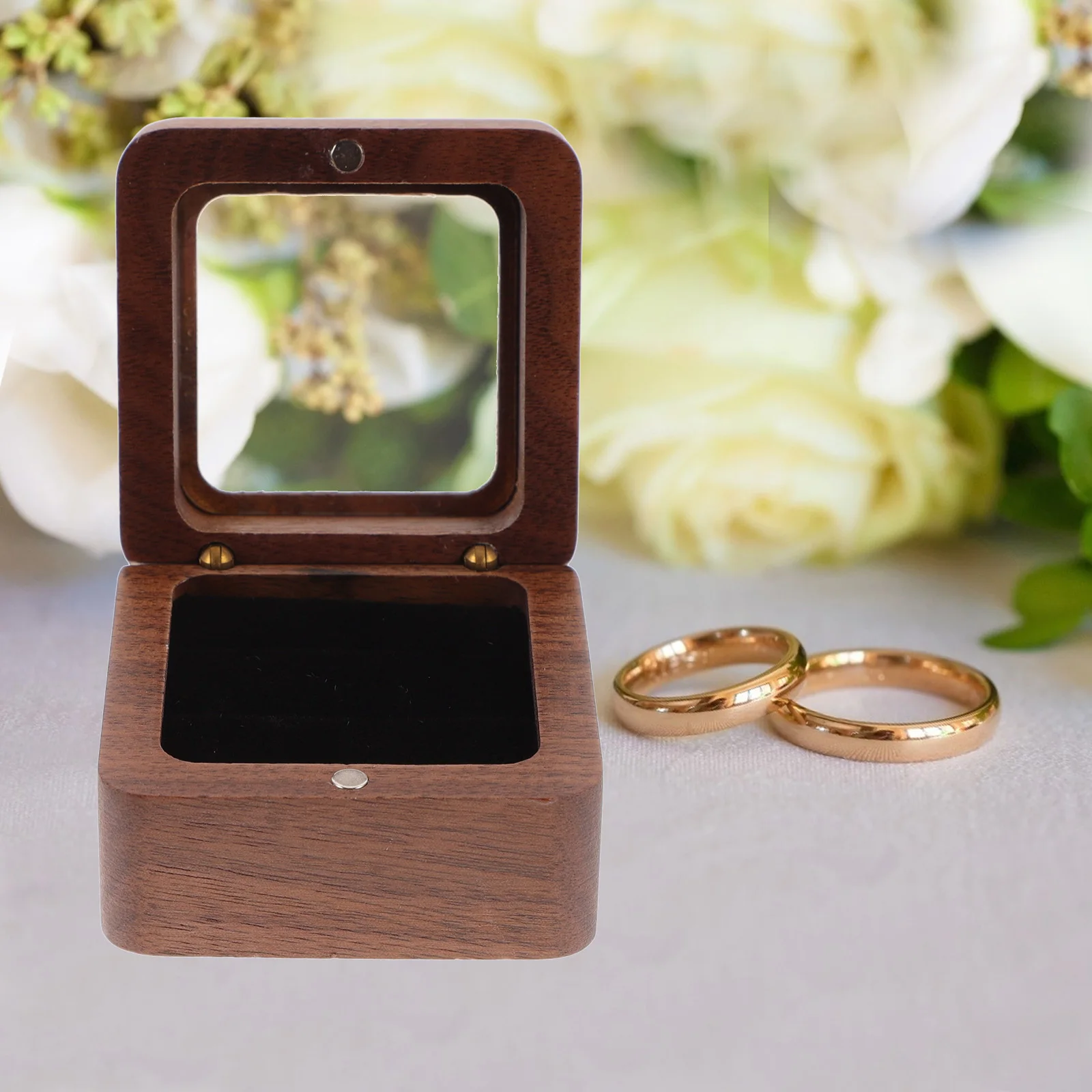 

Square Double Ring Box Wooden Jewelry Holder 2 Layers White Inside Solid Wood Lightweight Anniversary Gift Wedding Ring Boxes