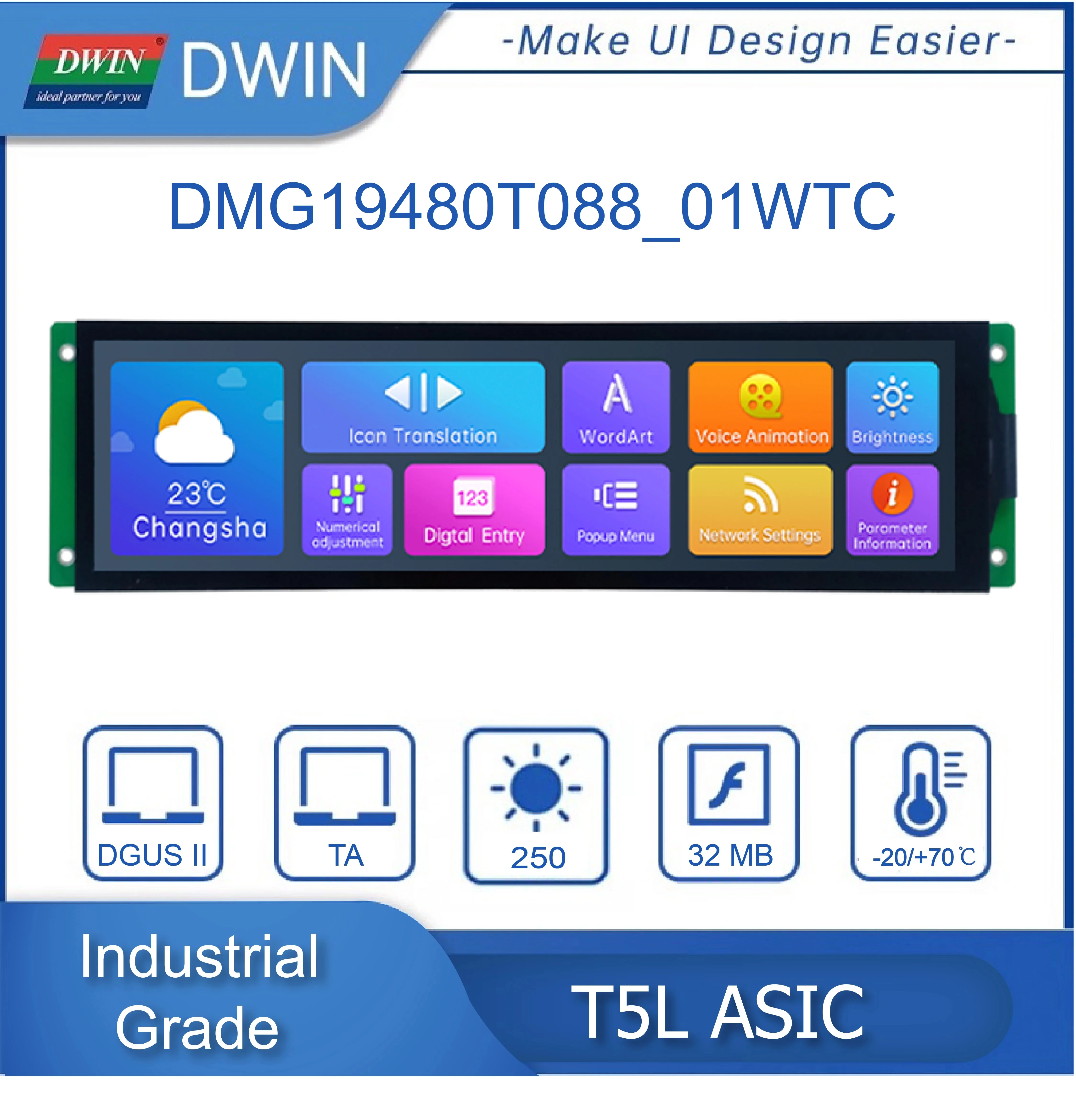 

DWIN 8.88 Inch 1920*480 HMI IPS-TFT-LCD Module Industrial Capacitive Resistive Touch Display TTL/RS232 Arduino DMG19480T088_01W