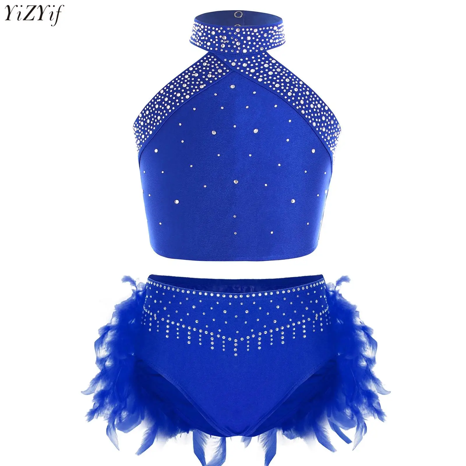 

Kids Girls Ballet Dance Outfit Shiny Rhinestones Halter Neck Sleeveless Cross Back Vest + Feather Skirted Briefs Jazz Costumes