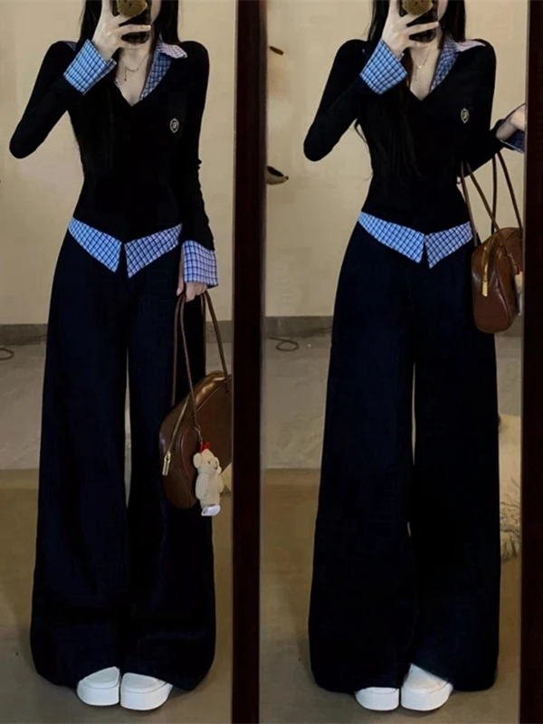 

Fashionable Sportswear Set Women's Loose Slimming Casual Wide Leg Pants Two Piece Suit V Neck Long Sleeve Cotton Spring Autumn