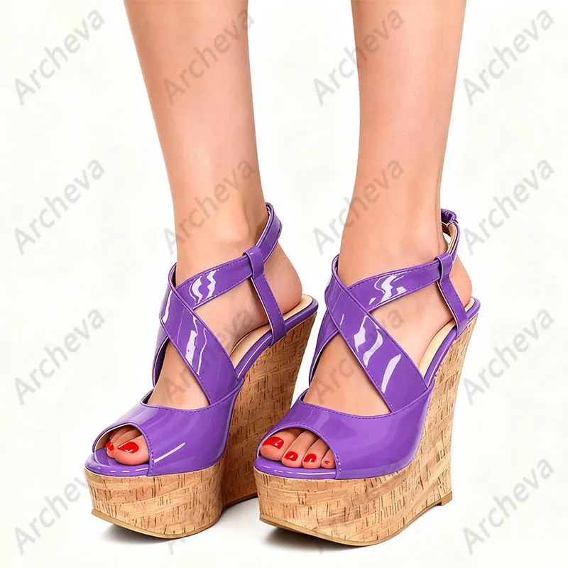 صنادل بكعب عريض مصنوعة يدويًا باللون البرتقالي - أحذية صيفية بكعب من الفلين بأشرطة للسيدات مقاس كبير 5-20