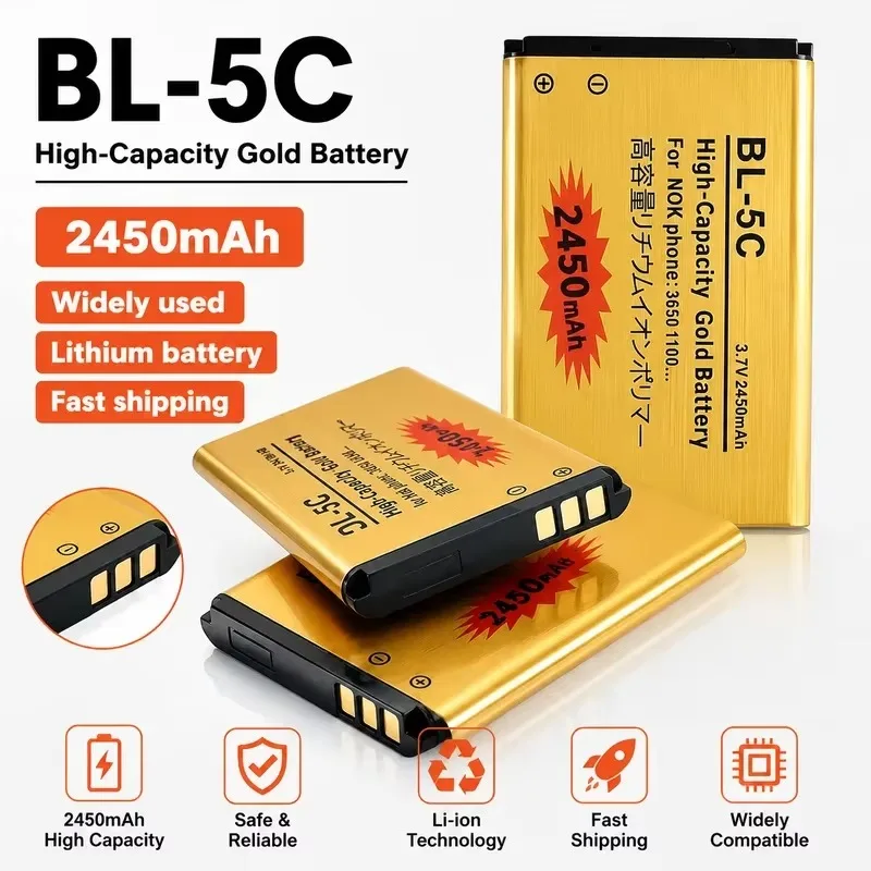 2-4pcs for BL-5C Mobile Phone Battery for Nokia BL5C 1600 6230 2600 1100 1110 1208 2700 3100 3110 N70 3.7V 2450mAh Replacement