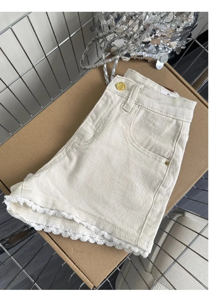 

High Waist A-Line Shorts Lace Patchwork Denim Summer Fashion Sexy Slimming Casual Style Wide Leg Pants Standard Fit Micro Str...