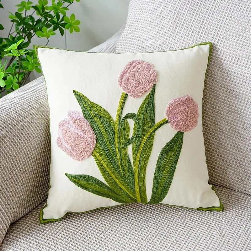 45x45CM Embroidered Tulip Throw Pillow Cover Pastoral Style Living Room Sofa Cushion Waist Cover Simple Decorative Pillowcase