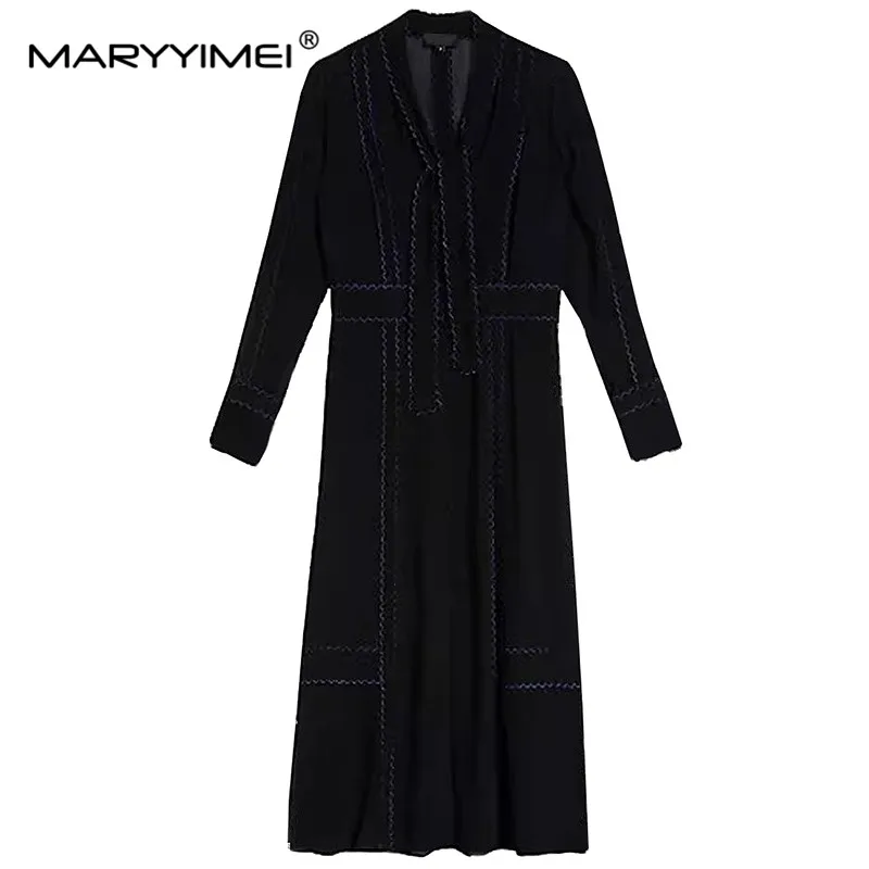 MARYYIMEI New Fashion Office Lady Dress Designer Women's Stand Collar Long Sleeve Lace Patchwork Tie Shirt Style Slim Dress