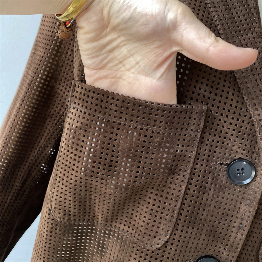 Jaxmonoy 2025, Frühjahr, neue echte Wildlederjacke, Damenmode, ausgehöhlte Echtlederjacke, Damen-Herbst-Ziegenleder-Wildleder-Blazer