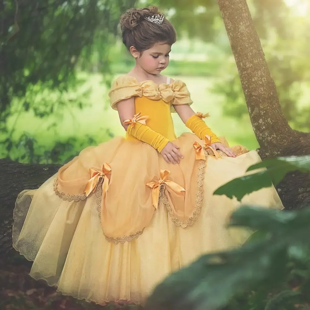 Princess Dress Kids Cosplay Costumes for Girls Disguise Costumes Yellow Fancy Elegant Gown Fairy Beauty Halloween Party Vestidos