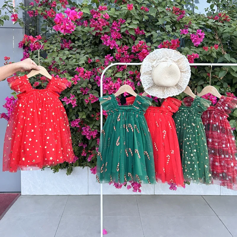 

Christmas Girls Dress Star Sling Mesh Puff Skirt Baby Girl Flying Sleeve Princess Dress Birthday Dress