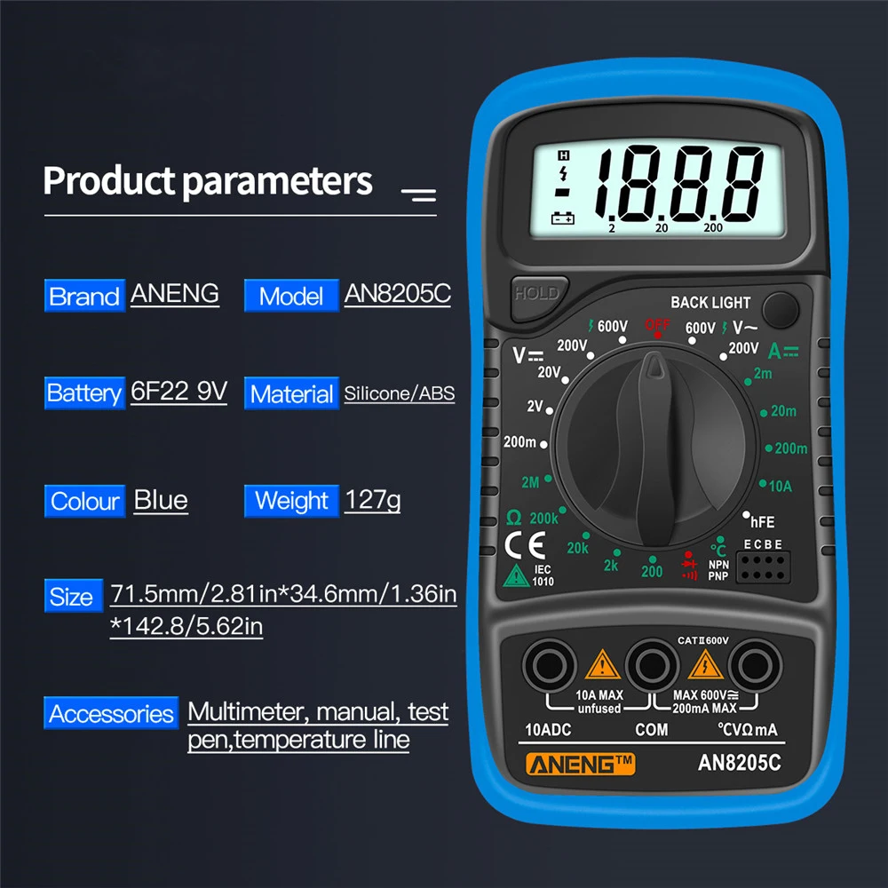 LCD Digital Multimeter AC/DC Ammeter Volt Ohm Test Meter AN8205C Profession Multimetro with Thermocouple Backlight Display