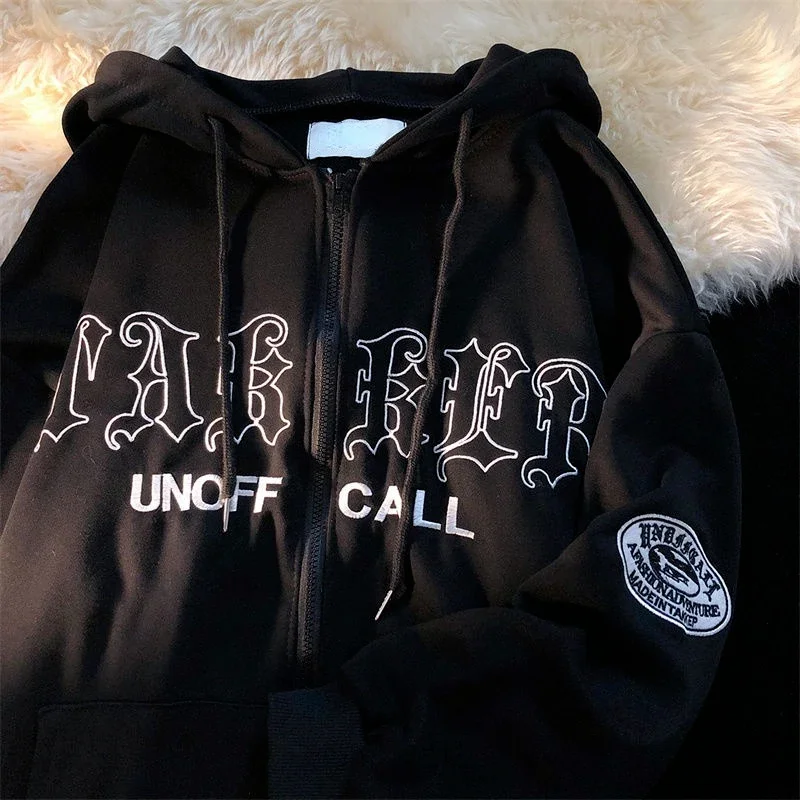 Sudadera con capucha con letras bordadas para mujer, ropa de calle holgada, de gran tamaño, de manga larga, con cremallera, Y2k, a la moda, de otoño