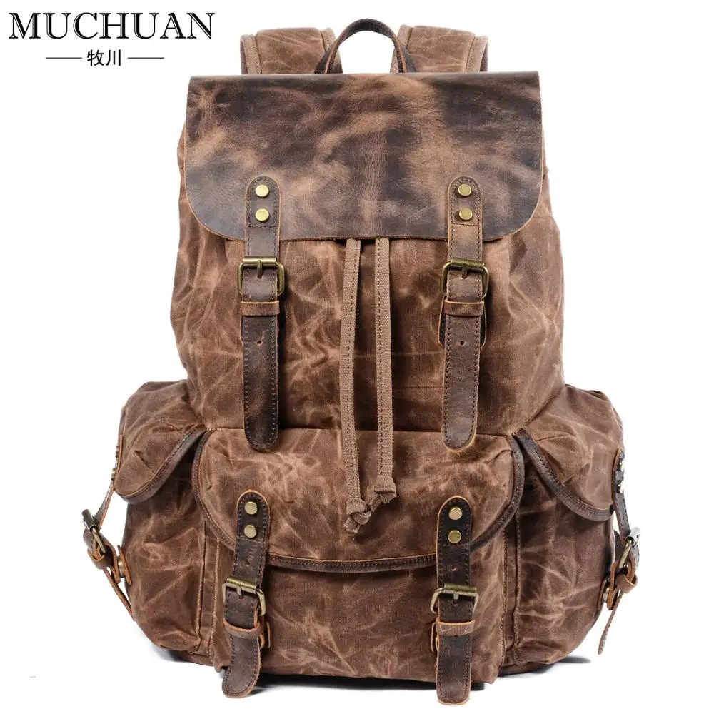 Oil Waxed Traveling Students Rucksacks Large Capacity Waterproof Laptop Daypacks Pure Cotton Canvas Leather Backpacks