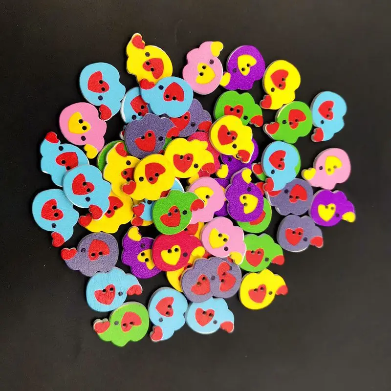 กระดุมไม้ช้างสีการ์ตูน กระดุมสัตว์ผสม กระดุมเสื้อผ้าเด็ก 50 แพ็ก