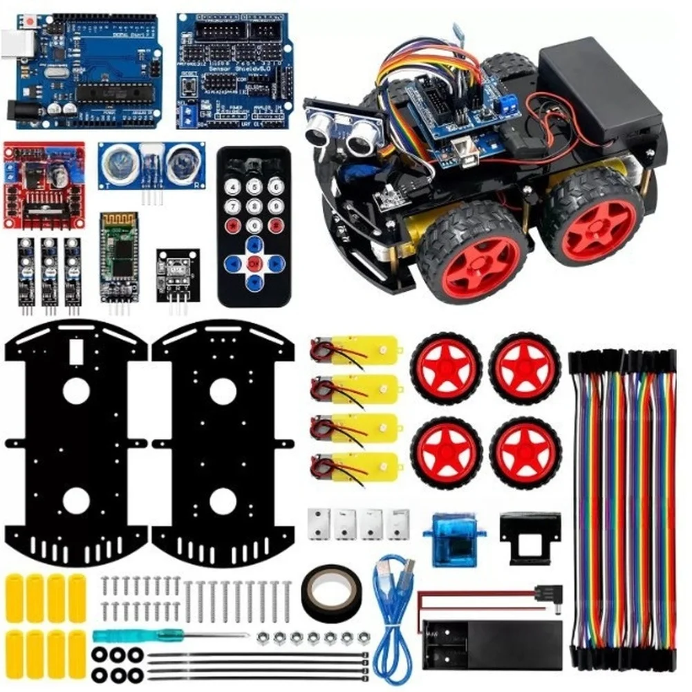 Robot Vehicle with for 4wd Mobility Wireless Protocol Support and Line Tracking Sensor Pair for Practical STEM Exercises
