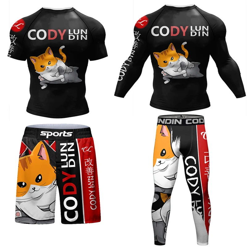 Bjj Kickboxing MMA T-shirts+Pants 4Pcs/Sets Muay Thai Shorts Rashguard For Men Boxing 3D Printed Sport MMA Compression Clothing