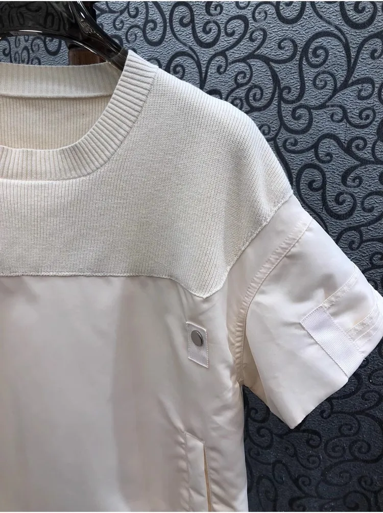 Top Quality New Blouse Shirts 2024 Spring Summer Tops Women Knitted Cotton Patchwork Short Sleeve Casual Beige Black Top Clothes