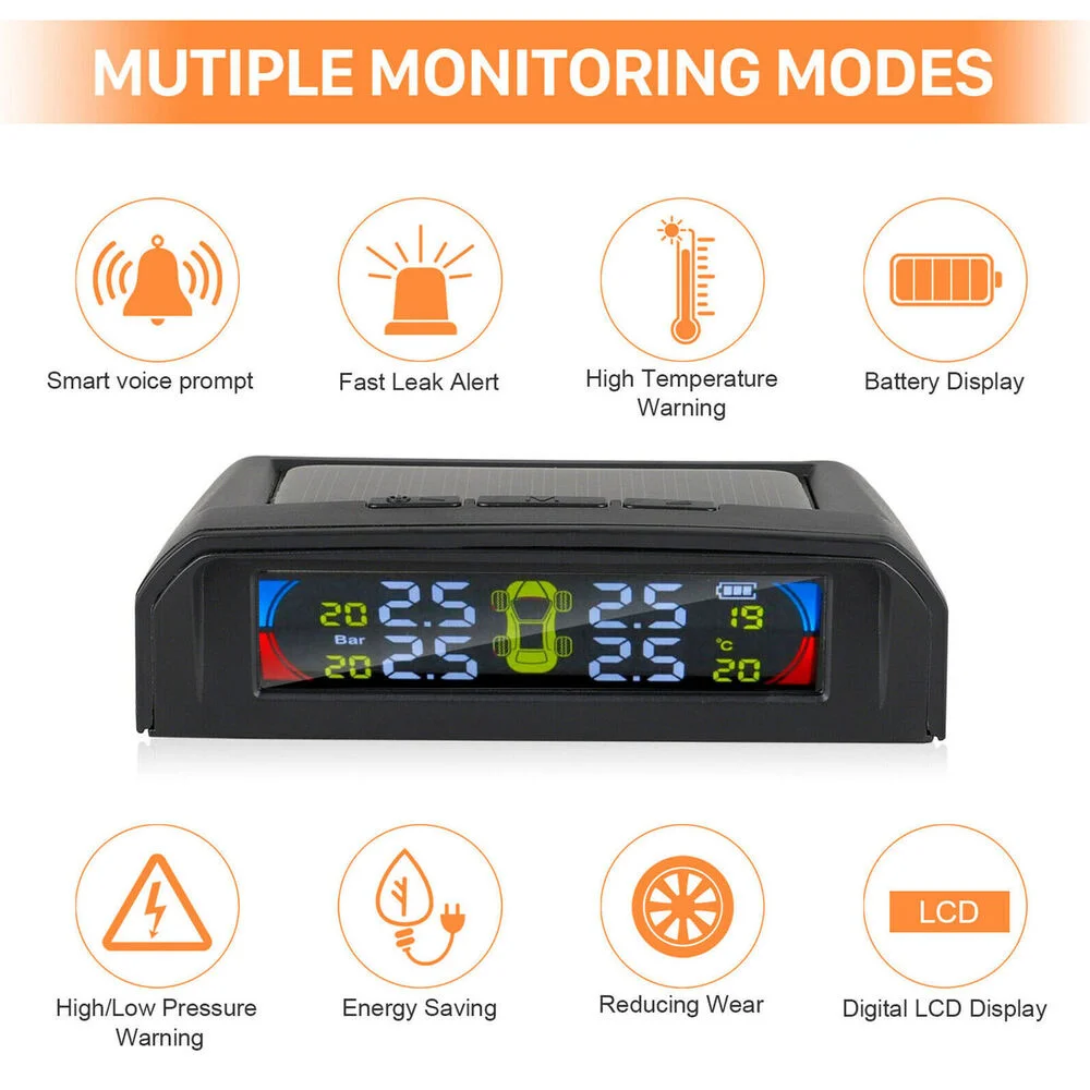 Solar Car TPMS LCD Wireless Tire Pressure Monitoring System Tire Pressure Monitor with 4Pcs External/Internal Sensors