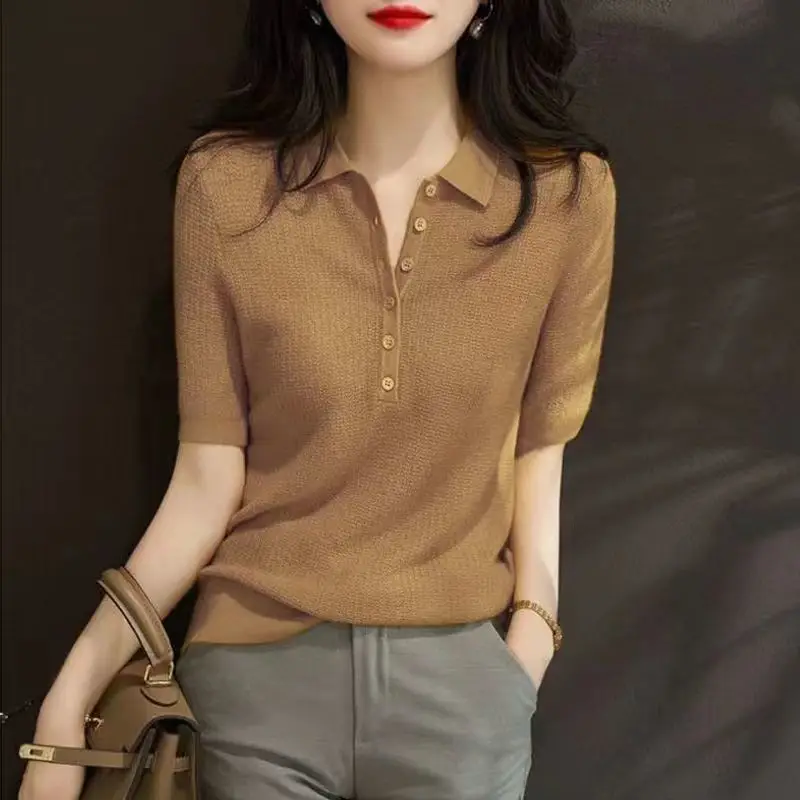 Fashion Solid Color Office Blouse Women New Classic Short Sleeve Button Ornament Polo Collar Lady All-match Pullover Shirt 2023