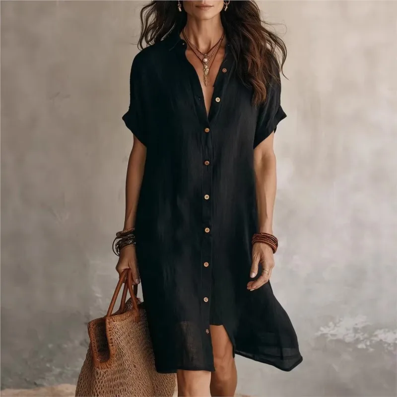 

Single-breasted Solid Color Short-sleeved Loose Breathable Casual Shirt Dress Womens Summer New Bohemian Commuting Walking Dress