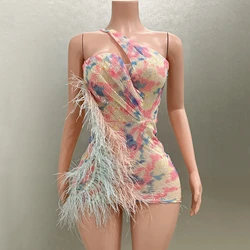 Summer New Arrivals Colorful Sequines Feathers Women One Shouder Sexy Mini Bodycon Dress Girls' Celebrate Birthday Party Dress