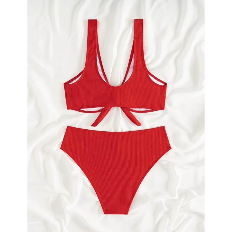 Costume da bagno rosso a vita alta Costume da bagno donna Abiti a due pezzi Costumi da bagno Costume da bagno annodato femminile Abbigliamento da spiaggia Costume da bagno per le vacanze 2025