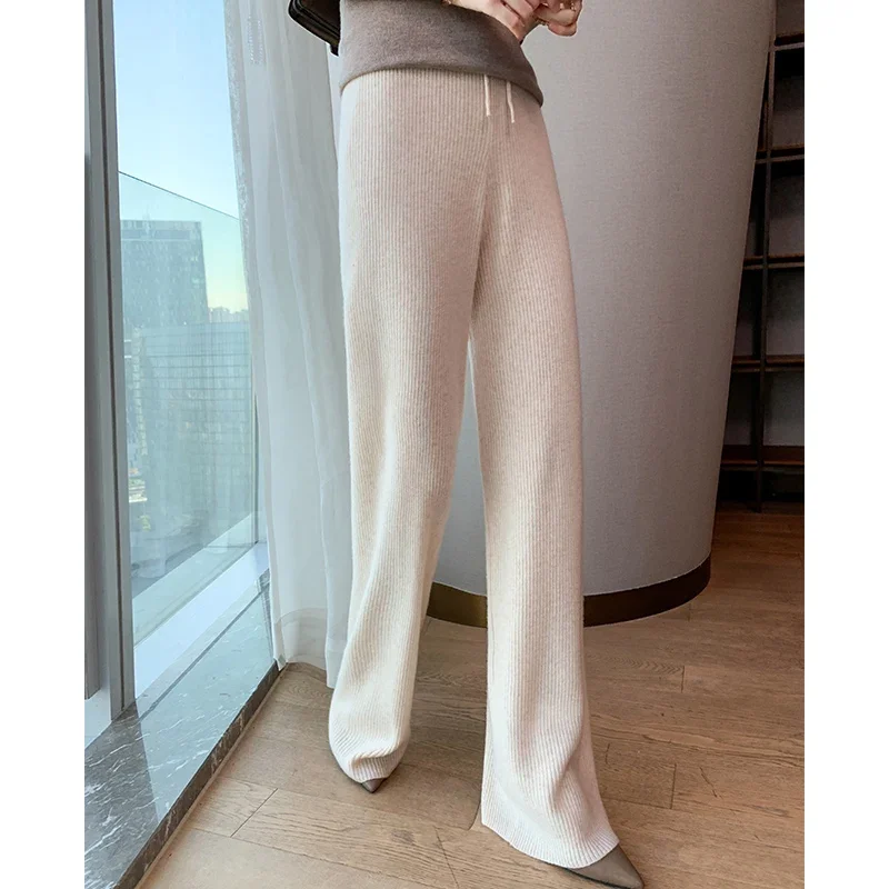 2023 New Autumn Winter Women 100% Wool Elasticity Pants Soft Waxy Comfortable High-Waist Knitted Female Cashmere Wide Leg Pant