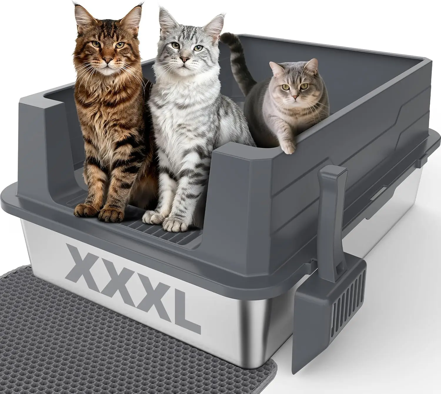 Jumbo Stainless Steel Litter Box, Extra Large for Big & Multiple Cats, High Sided, Anti-Leak, Non-Stick, with Scoop