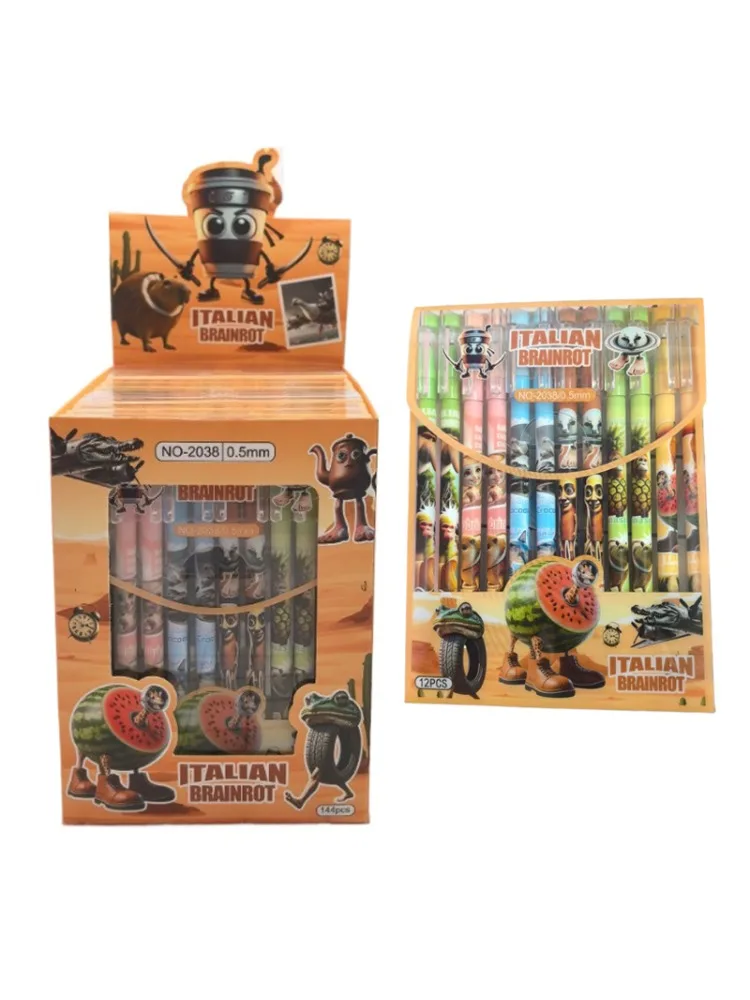 12 pièces Tung Tung Sahur cerveau italien bâton en bois stylo Gel dessin animé Signature stylo emballé individuellement étudiant papeterie cadeau