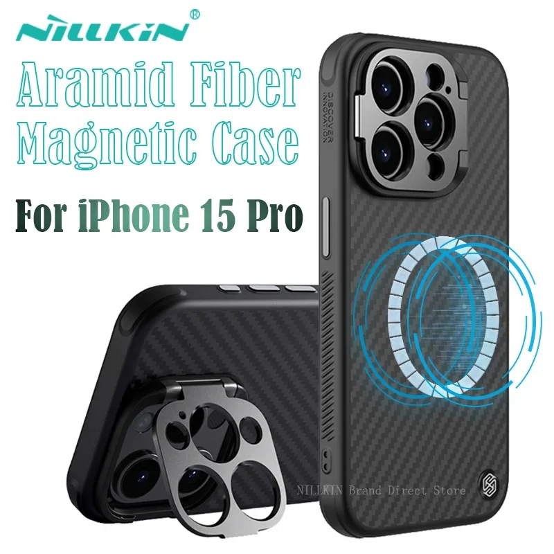 

For iPhone 15 Pro Magsafe Case Nillkin Aramid Fiber Magnetic Case Anti-Slip Kevlar Aluminium Camera Stand Cover for iPhone15 pro