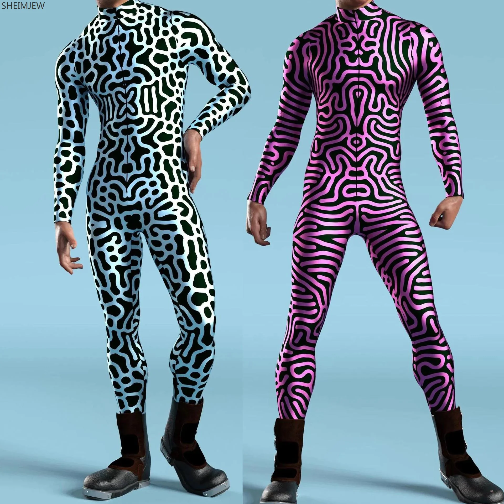 Männer Kunst unregelmäßige Linien 3D-Druck Overall Cyberpunk Bodysuit Halloween Karneval Party Cosplay Zentai Anzug Leistung Stram pler