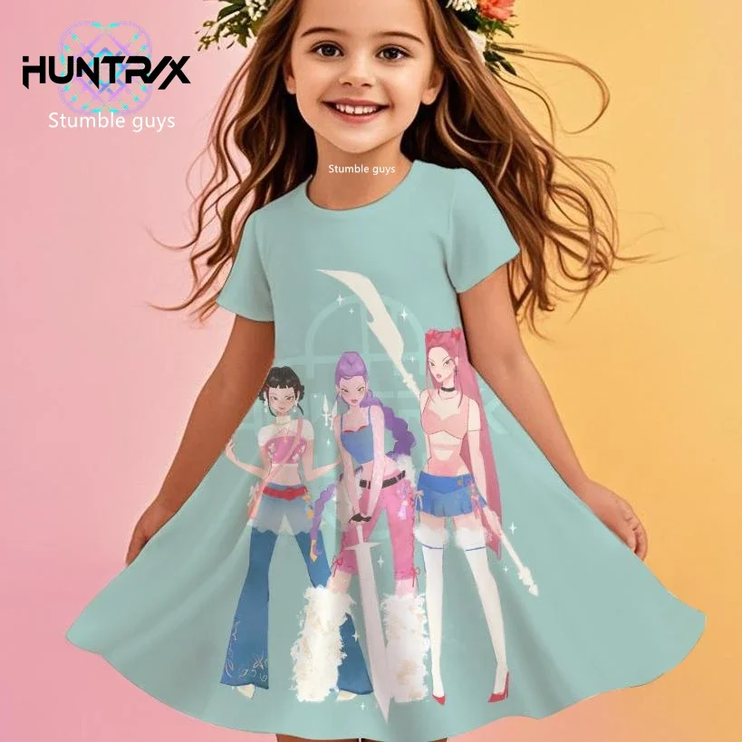 

Girls Kpop Demon Hunters Summer Dress Kids Anime Cartoon Fun Princess Beach Sundress Casual Sleepwear