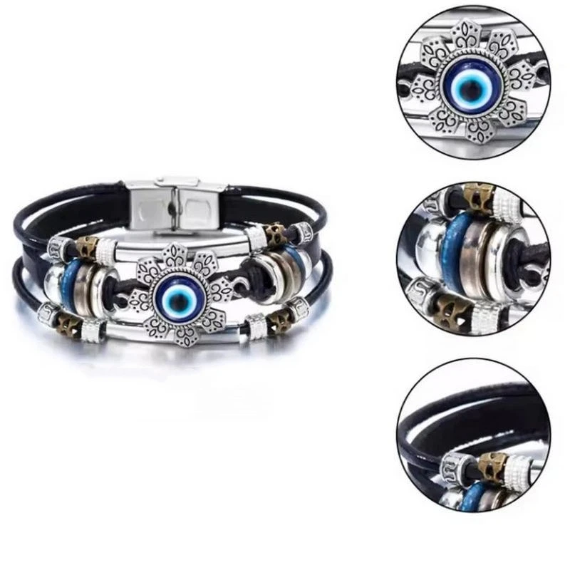 Boho Mehrschichtige Lederarmbänder, Charm-Perlen-Armband für Damen und Herren, Vintage Punk Wrap-Set – Detail 8