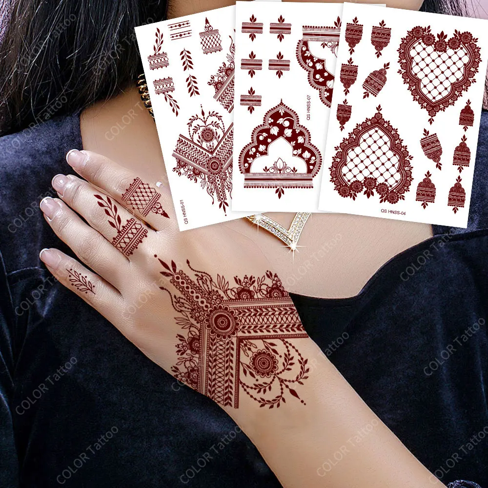 Maroon tato Henna palsu wanita, stiker tato temporer bunga coklat untuk dekorasi pernikahan Festival tubuh Tangan