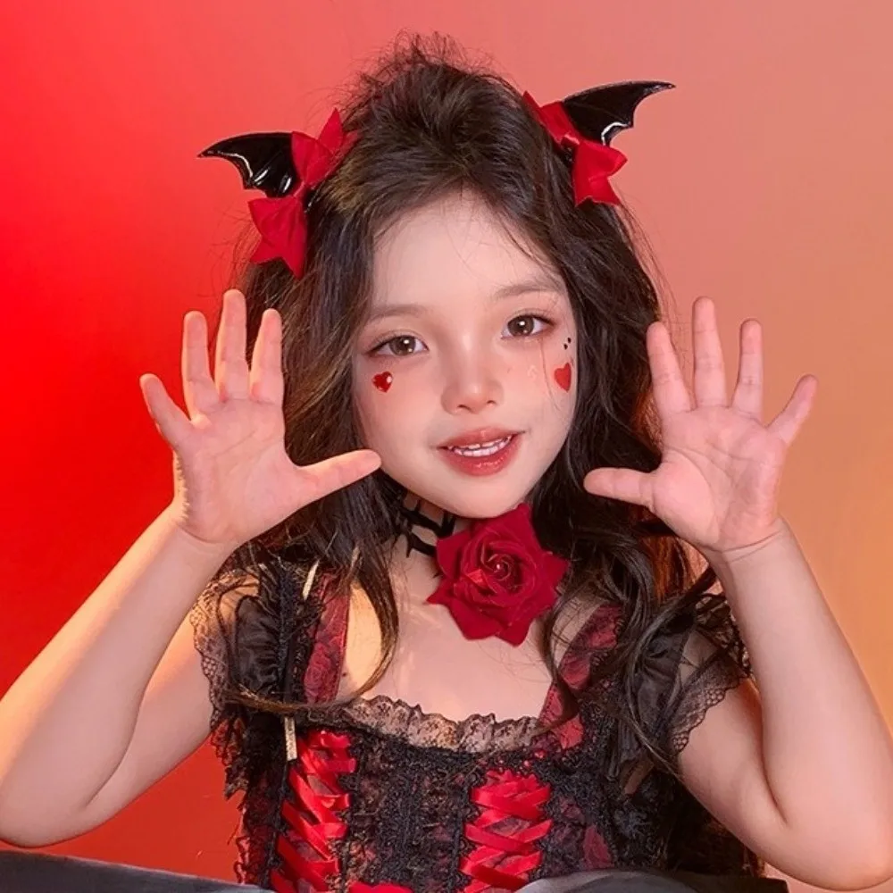 2 Pcs Cute Bow Halloween Hairpins Gothic Style Lolita Style Devil Horn Hair Clips Headwear Punk Bat Duckbill Clips Cosplay