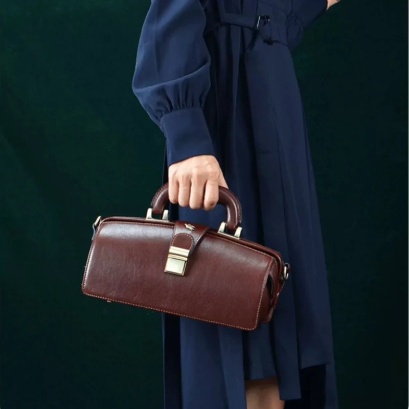 Women's Genuine Leather Handbag New High Quality Cowhide Luxury Designer Crossbody Bags Exquisite Vintage Handmade Doctor Bag