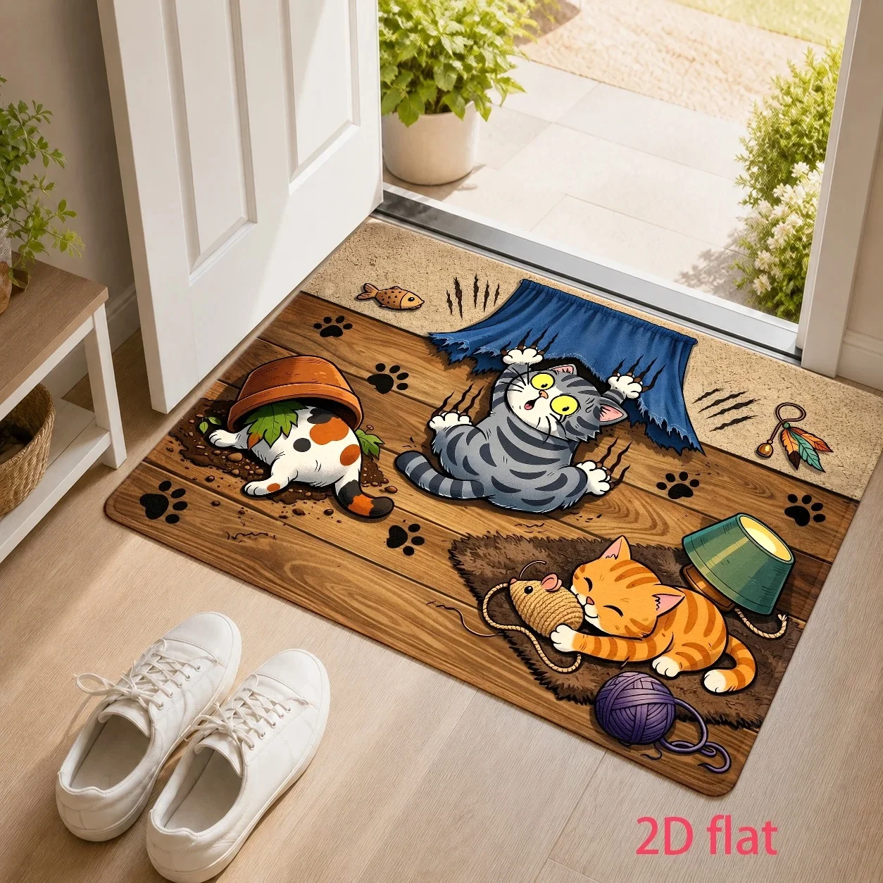 Funny Cats Rectangle Door Mat Playful Kitten Paw Non-Slip Welcome Rug Vintage Wood Pattern for Home Entrance Decor