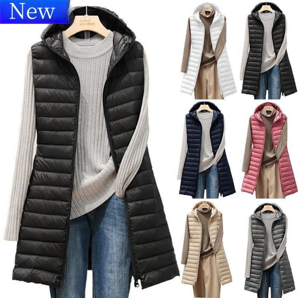 

Down Cotton Vest Jacket Light Waistcoat Women's Long Hooded Sleeveless Jackets Slim Female Vests New Autumn Winter Tops Outwear