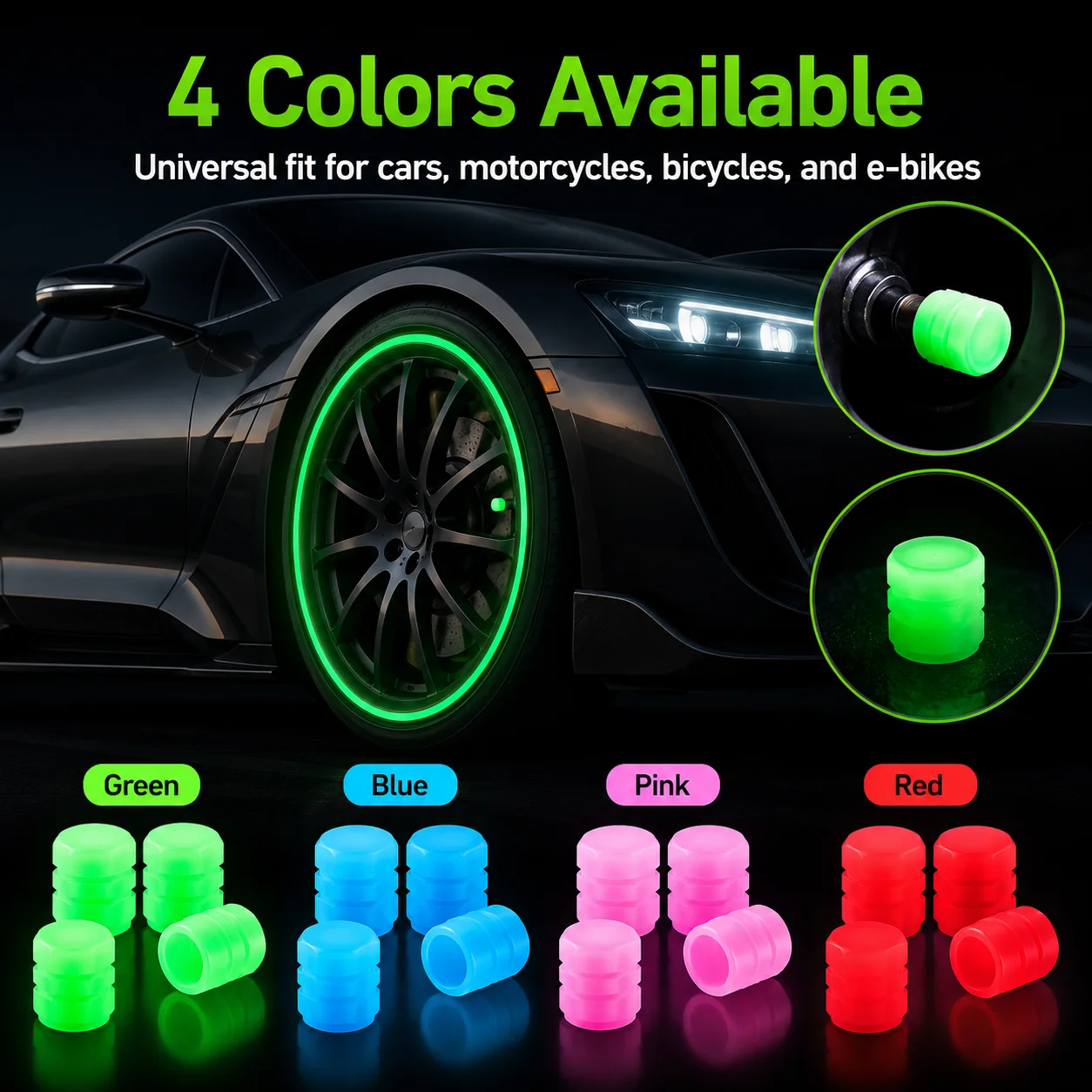 4pcs Universal Fluorescent Luminous Tire Valve Stem Covers Car Tire Valve Cap Green /Yellow/Blue/Red Fluorescent Powder