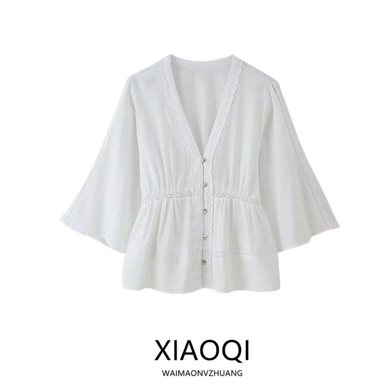 

Loose V-Ne irt Women's Faion Summer 2025 New Arrival Vertical Lace Trim irt Versatile Sle ort Length Other Material