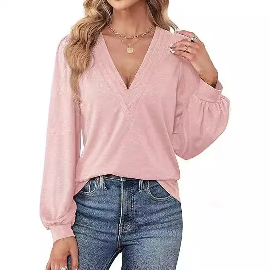 

2024 women's spring and summer new fashion women's shirts V-neck loose casual long-sleeved elegant tops going out sweatshirts