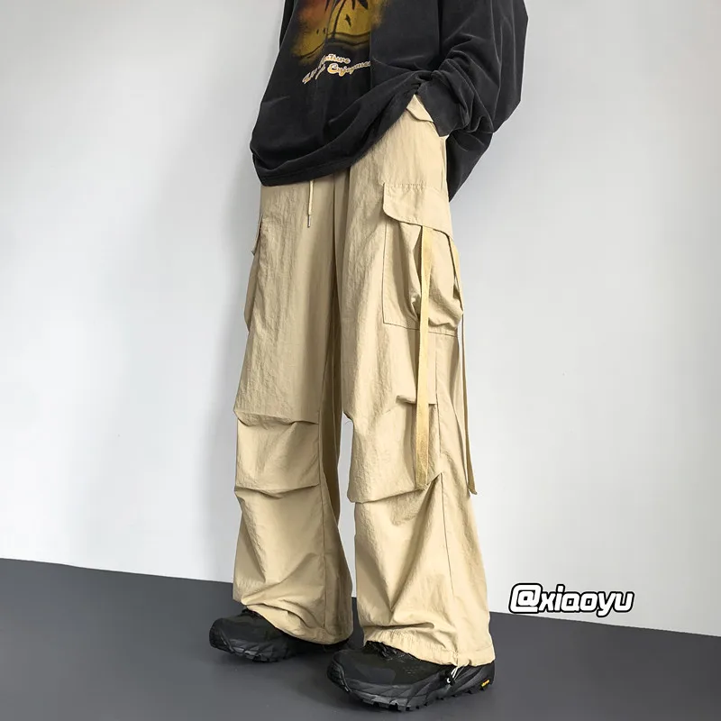 Men Solid Cargo Pants 2023 Harajuku Elastic Waist Side Pocket Tracksuit Pants Male Casual Hip Hop Drawstring Baggy Long Trousers