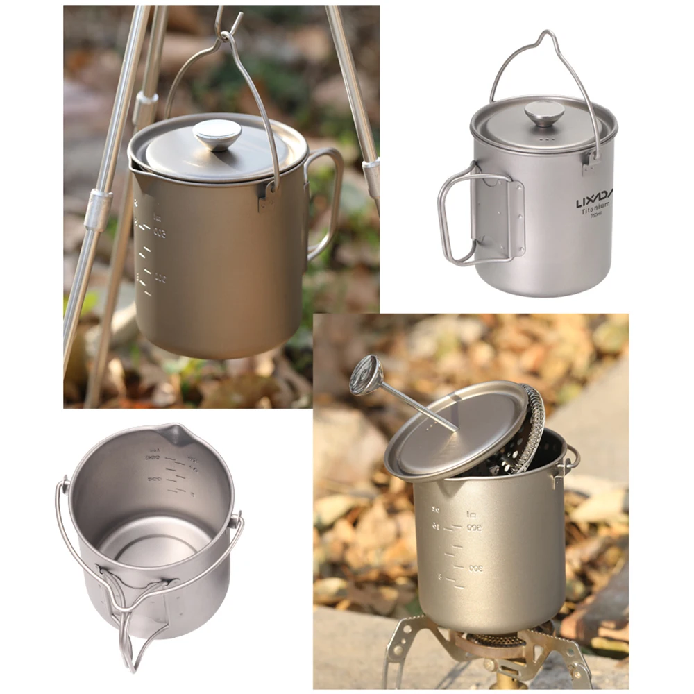 Ti Coffee Cup Lixada 750ml Titanium Coffee Cup Mug French Press Pot Coffee Maker with Lid Outdoor Camping Cooking Pot Water Mug