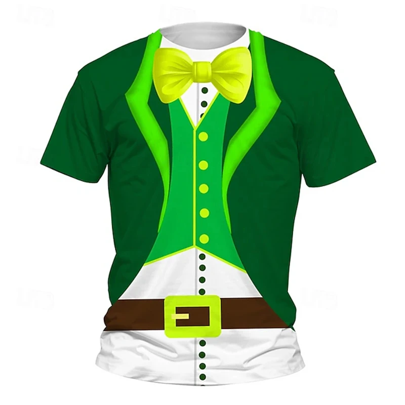 

St Patrick Day Funny T-shirt Men's Role Playing Fake Lapel Print Short Sleeve T Shirts 2025 Festival Gift Lucky Green Tee Top